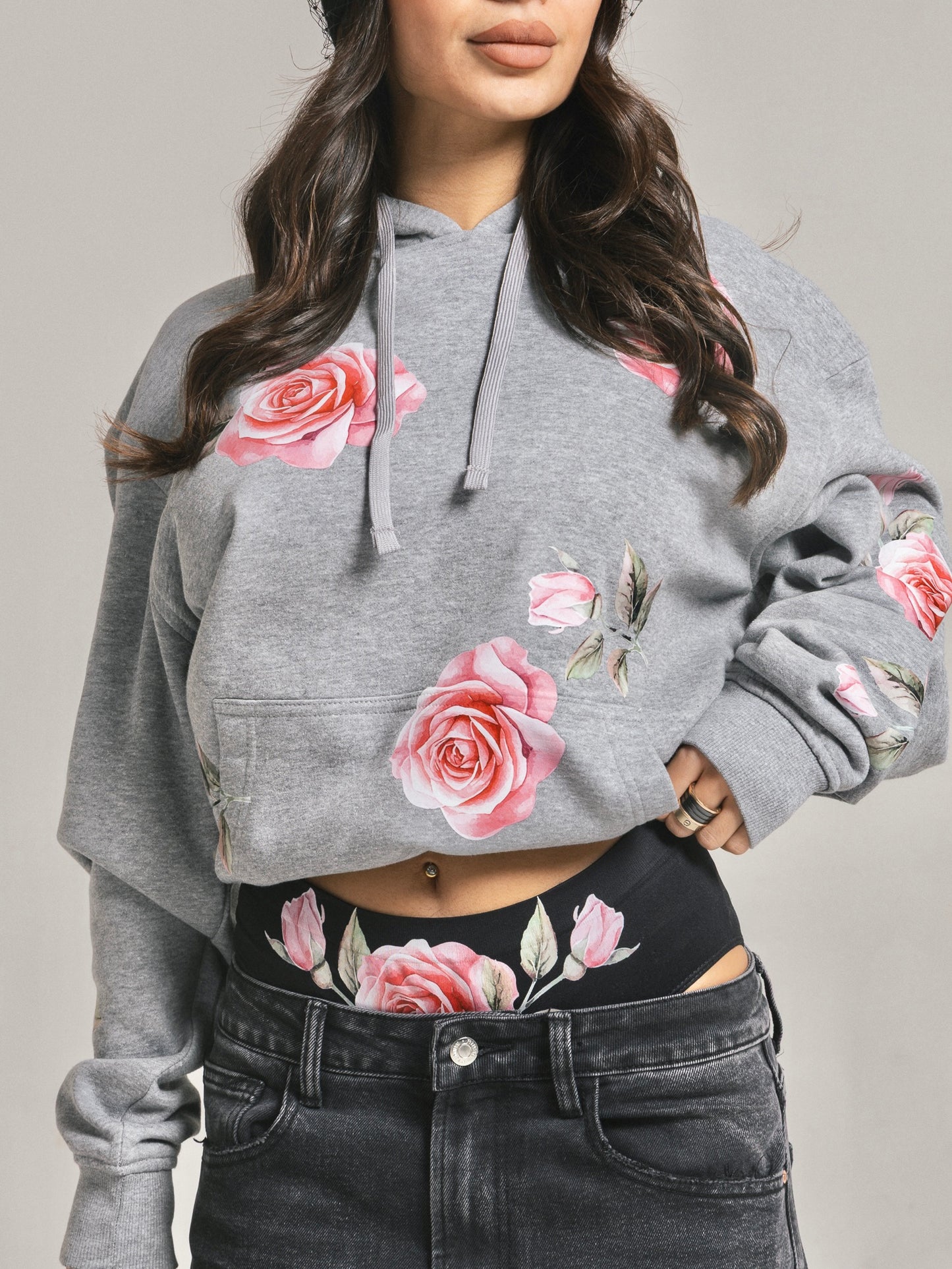 Felpa rose con cappuccio grigia mélange