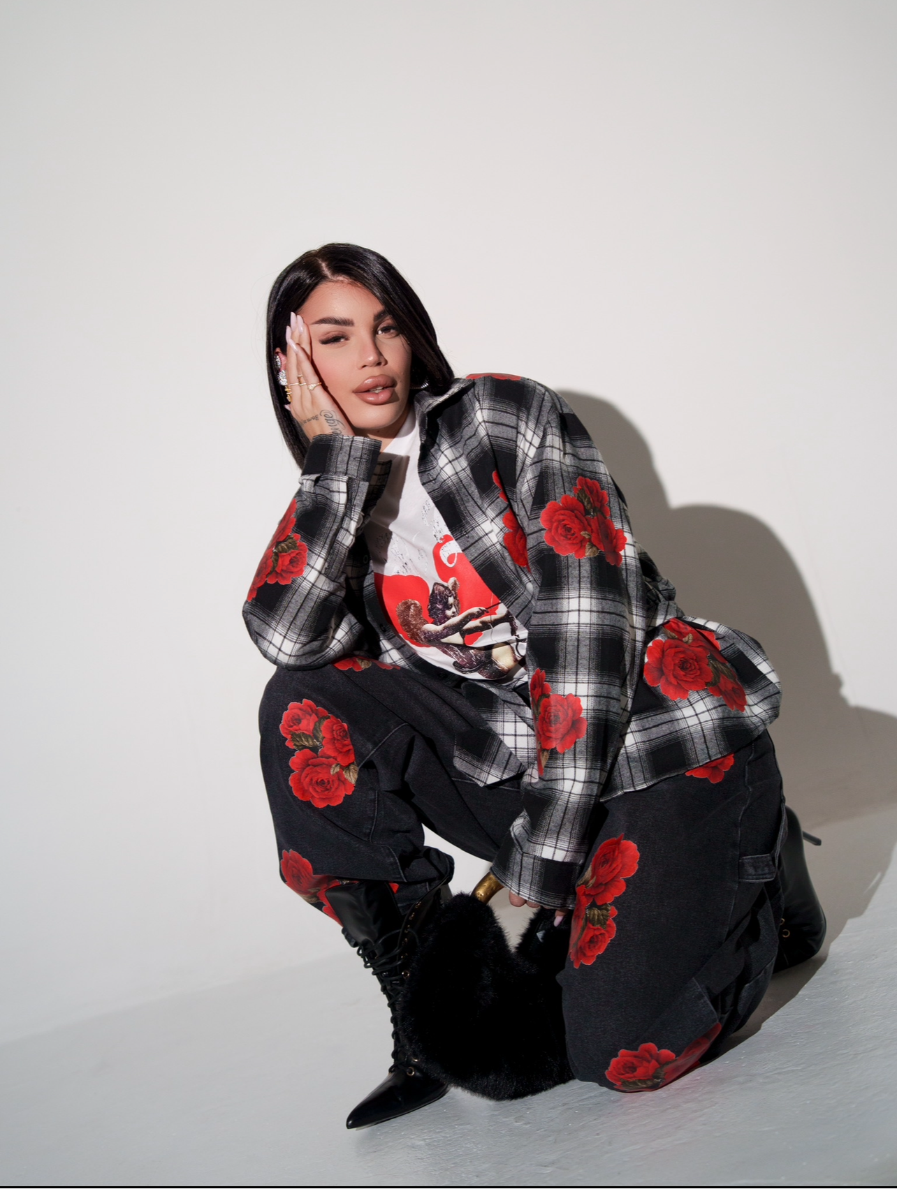 Camicia in flanella a quadri con stampa 3D