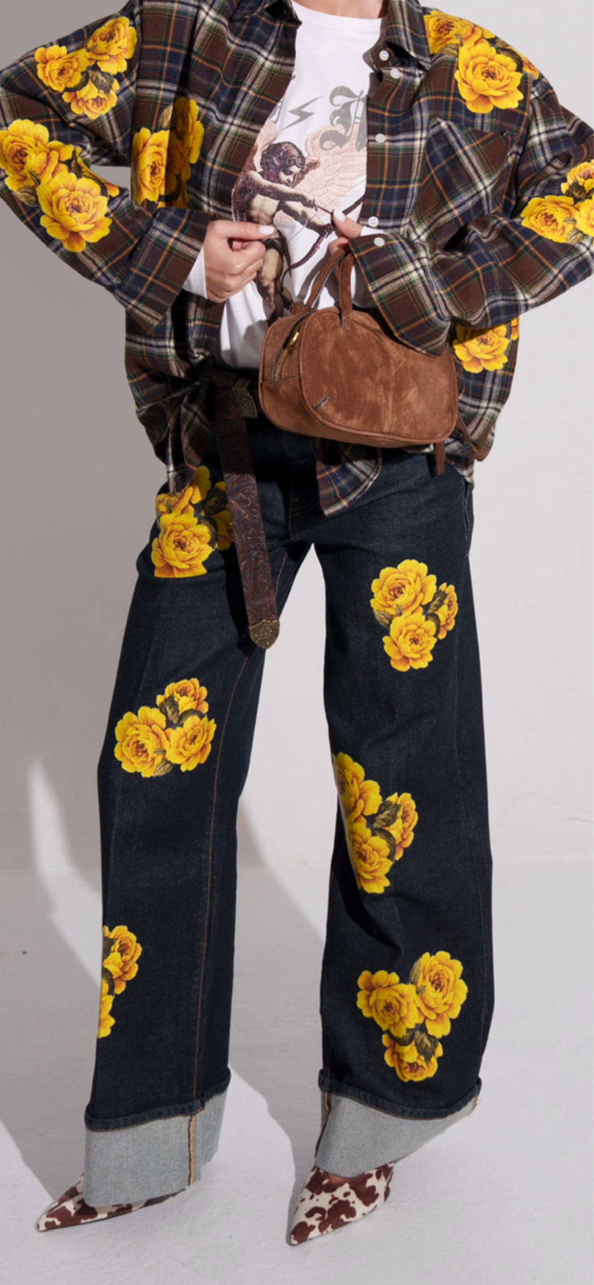 Denim wide leg vita alta con stampa3D